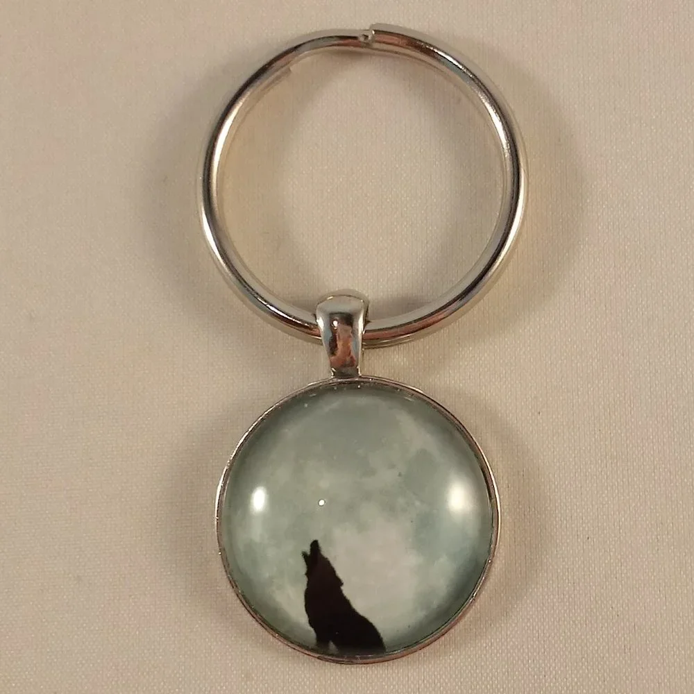 Men's Silver Howling Wolf Silhouette Cabochon Key Ring Party Gift